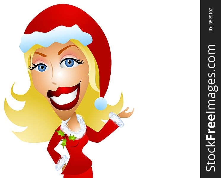 A clip art illustration of a happy, smiling woman with long blonde hair wearing a santa hat and red suit with holly pointing towards a blank space. Isolated on white. A clip art illustration of a happy, smiling woman with long blonde hair wearing a santa hat and red suit with holly pointing towards a blank space. Isolated on white