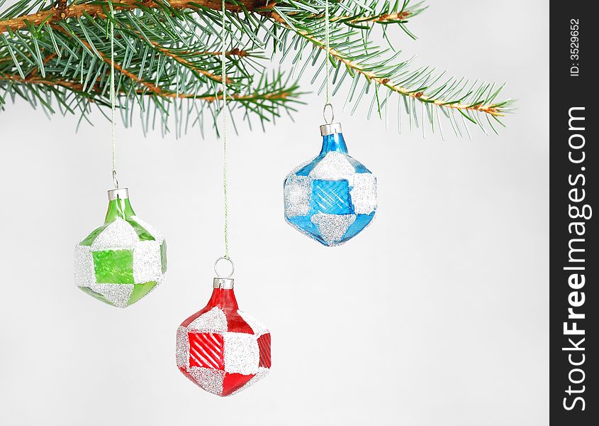 Christmas decorations opposite white background