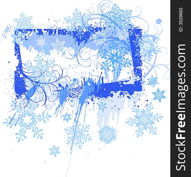 Blue grunge floral frame and snowflakes. Blue grunge floral frame and snowflakes