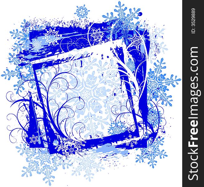 Blue grunge floral frame and snowflakes. Blue grunge floral frame and snowflakes