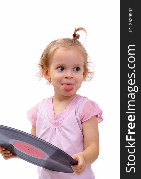 Little girl play with gramophone record. Little girl play with gramophone record