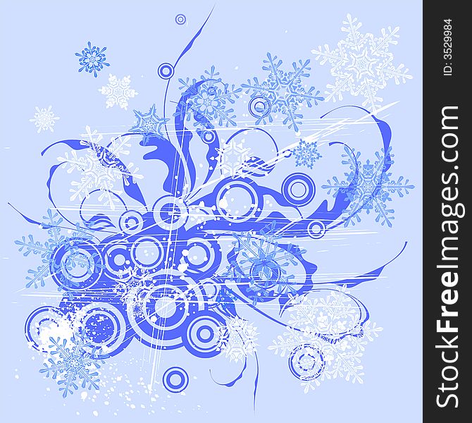 Blue grunge floral vignette and snowflakes. Blue grunge floral vignette and snowflakes