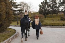 Happy Family With Black Horse Stock Photography Happy Family With Black Horse Stock Photography