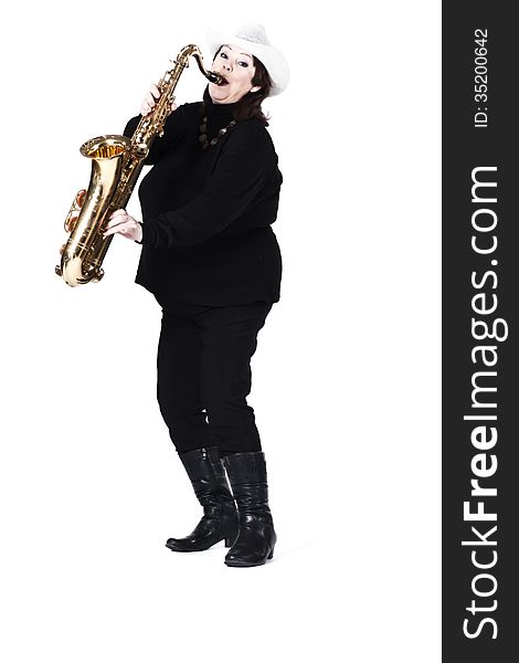 Woman in black playing saxophone on white background. Woman in black playing saxophone on white background