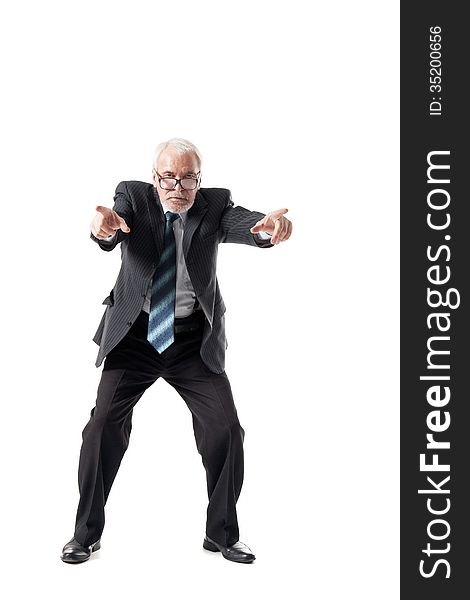 Senior business man pointing to the straight isolated over white background