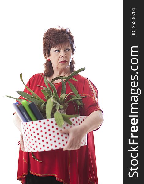 Full length portrait of a fired woman carrying a box of personal items isolated on white background