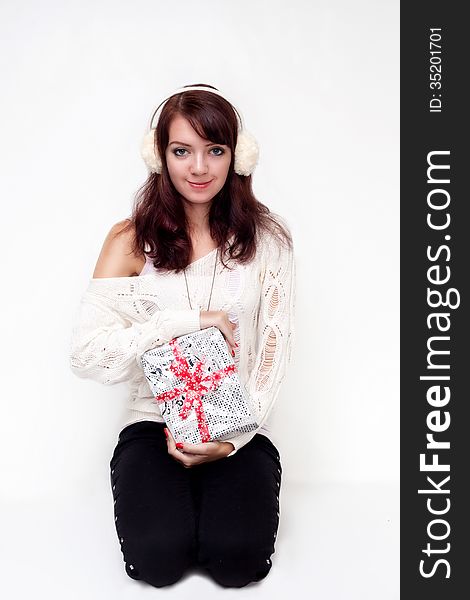 Smiling Woman With Christmas Presents. Isolated