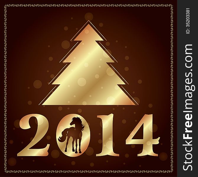 Background with horse silhouette and Christmas tree, vector illustration