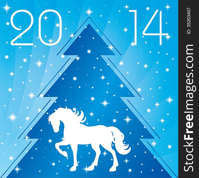 Background with horse silhouette and Christmas tree, vector illustration