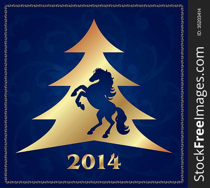 Background with horse silhouette and Christmas tree, vector illustration