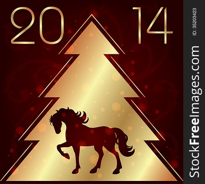 Background with horse silhouette and Christmas tree, vector illustration