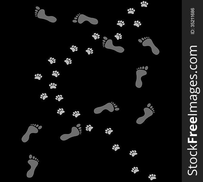Picture of human and dog footsteps on black background, vector eps8 illustration