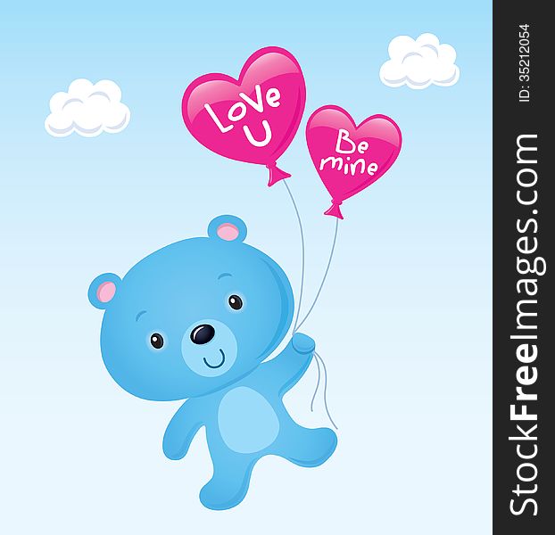 Cartoon illustration of a cute, blue Valentine's Day bear holding two pink heart shaped balloons that sayLove U and Be mine while floating in the sky with two clouds in the background. Cartoon illustration of a cute, blue Valentine's Day bear holding two pink heart shaped balloons that sayLove U and Be mine while floating in the sky with two clouds in the background.