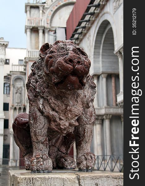 Stone lion in Piazza San Marco, Venice, Italy