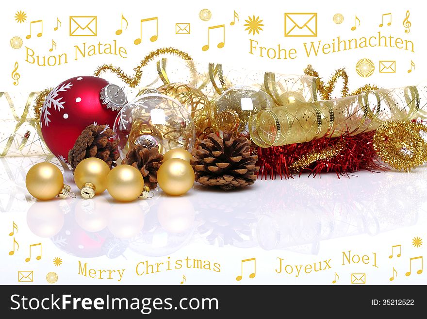 Christmas decorations on white background with Merry Christmas wishes in various languages
