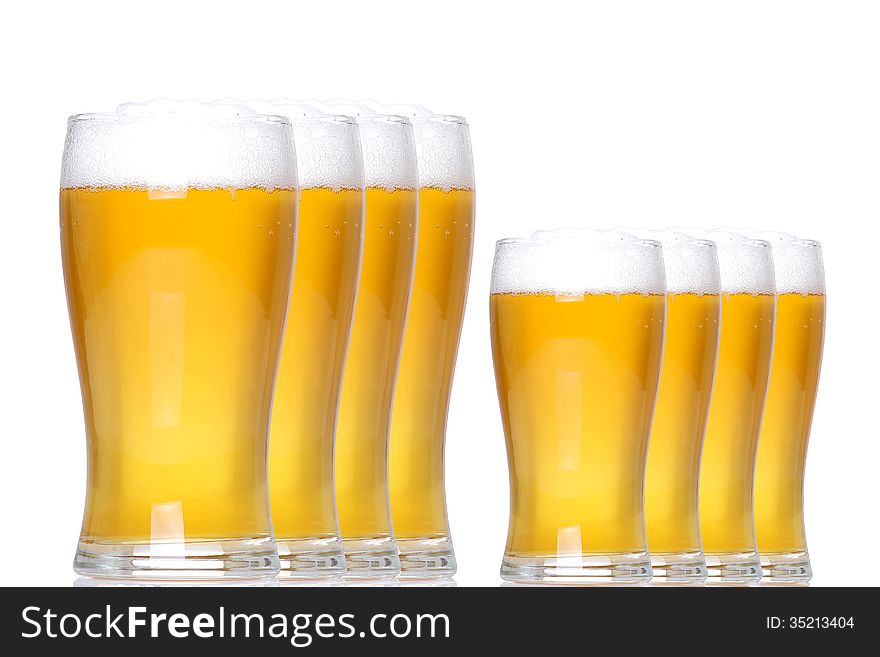 Tankards of lager with white background and level of support