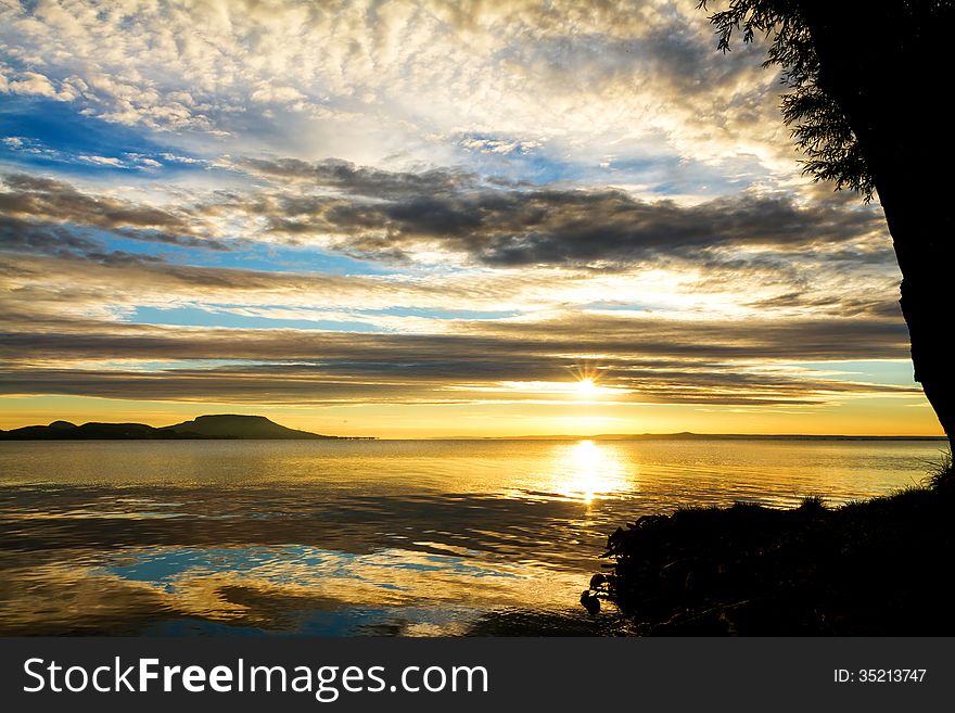 Beautiful sunrise over the lake Balaton of Hungary