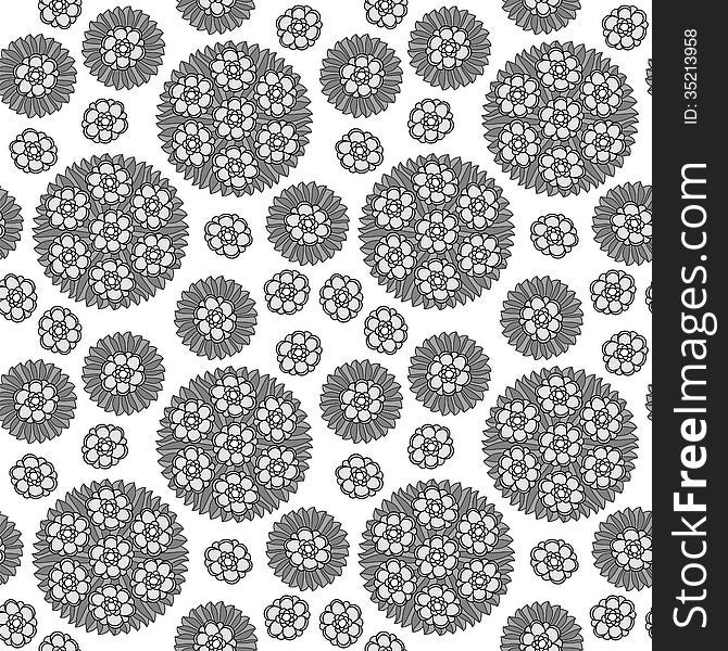 Seamless background with a circular floral pattern, grayscale vector illustration. Seamless background with a circular floral pattern, grayscale vector illustration