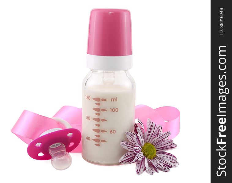 Milk bottle with daisy flower and nipple isolated. Milk bottle with daisy flower and nipple isolated