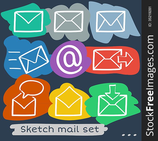 Set of eight sketch hand drawn mailing envelopes in different colors. Set of eight sketch hand drawn mailing envelopes in different colors