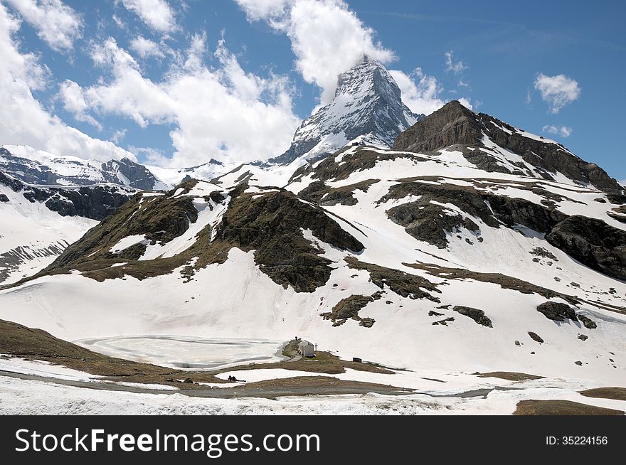 Matterhorn above Schwarzsee in Swiss Alps