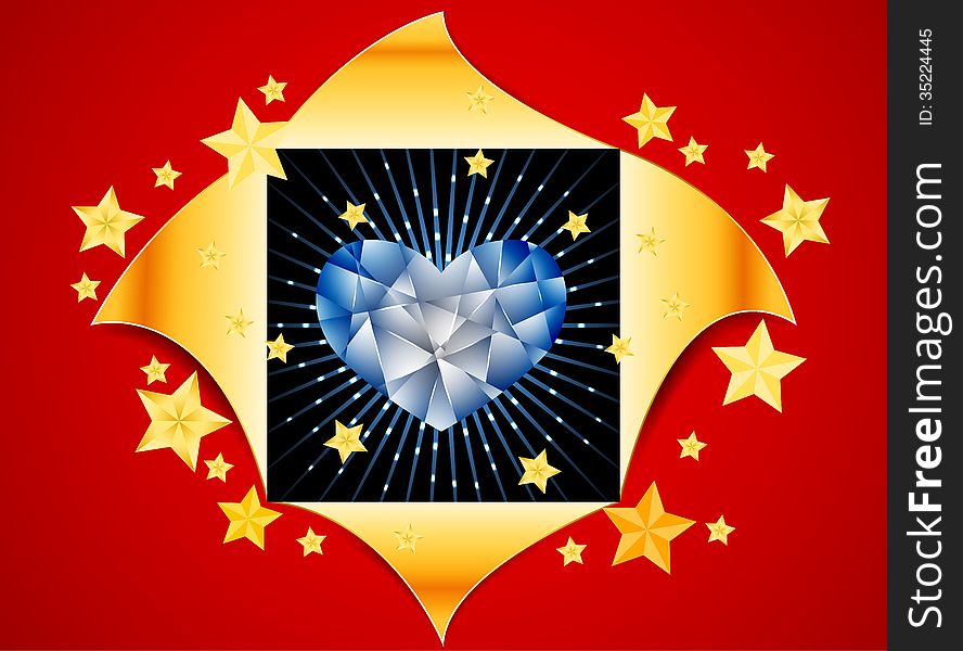 Shiny crystal heart with gold stars on a red background