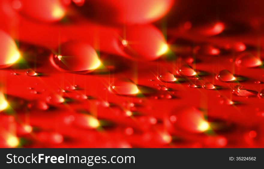 Large drops of water. Close-up. Tinted in red. Large drops of water. Close-up. Tinted in red