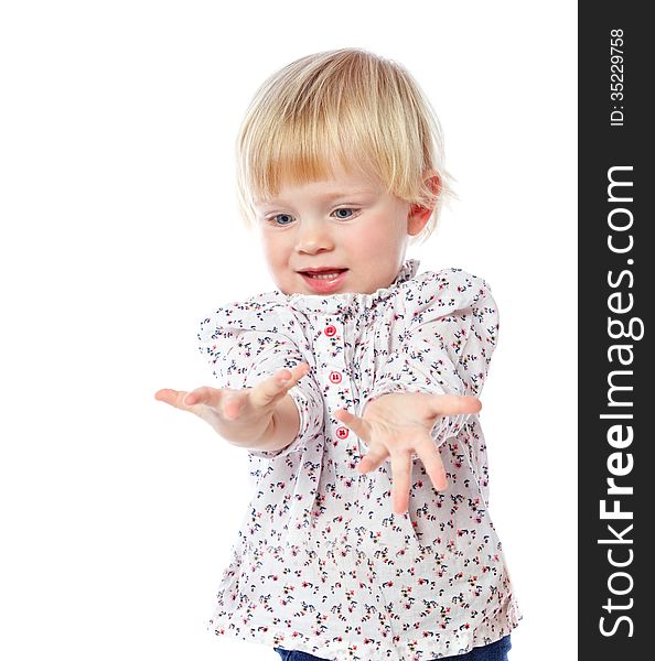 Portrait of a cheerful  little girl at home, in the dress, 1,5