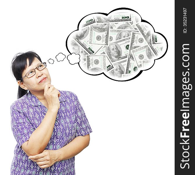Asian senior woman thinking to money