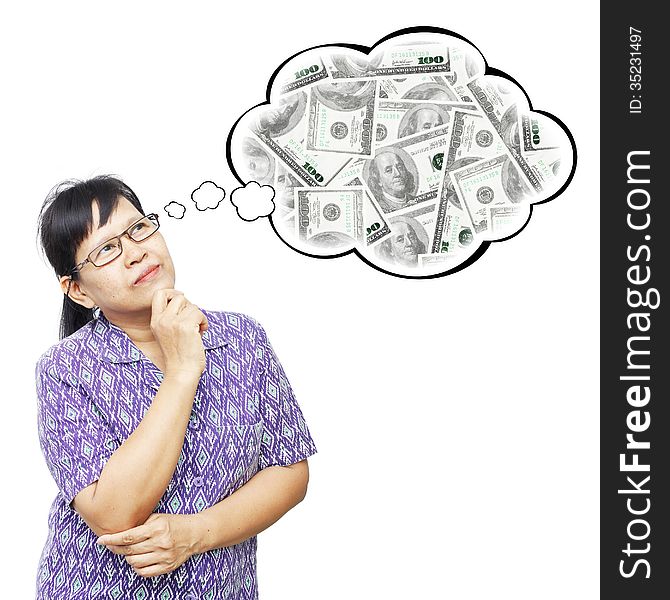 Asian Senior Woman Thinking To Money