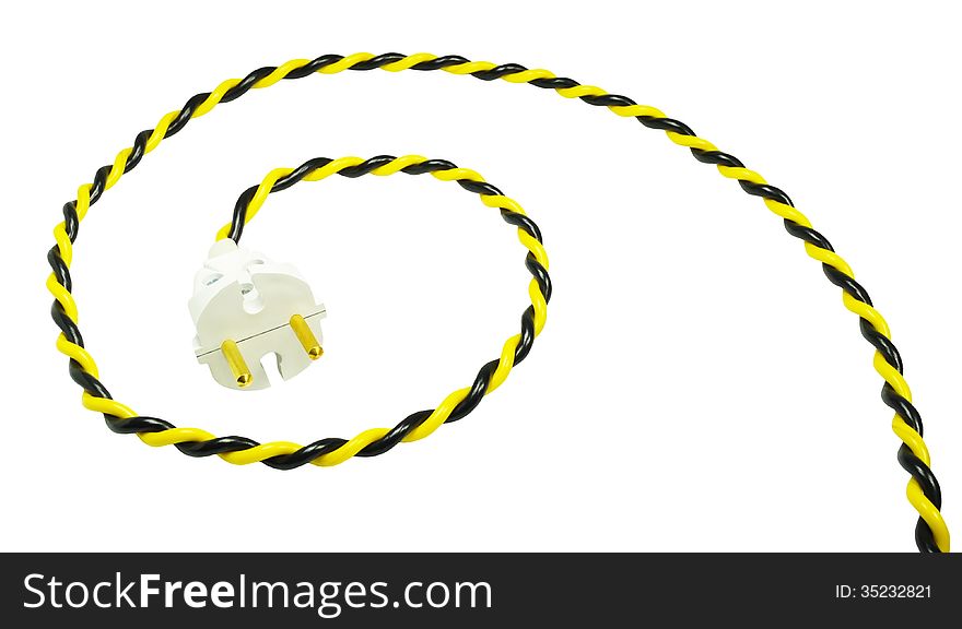 Electric plug with yellow-black wire, twisted in a spiral, isolated on white background. Electric plug with yellow-black wire, twisted in a spiral, isolated on white background