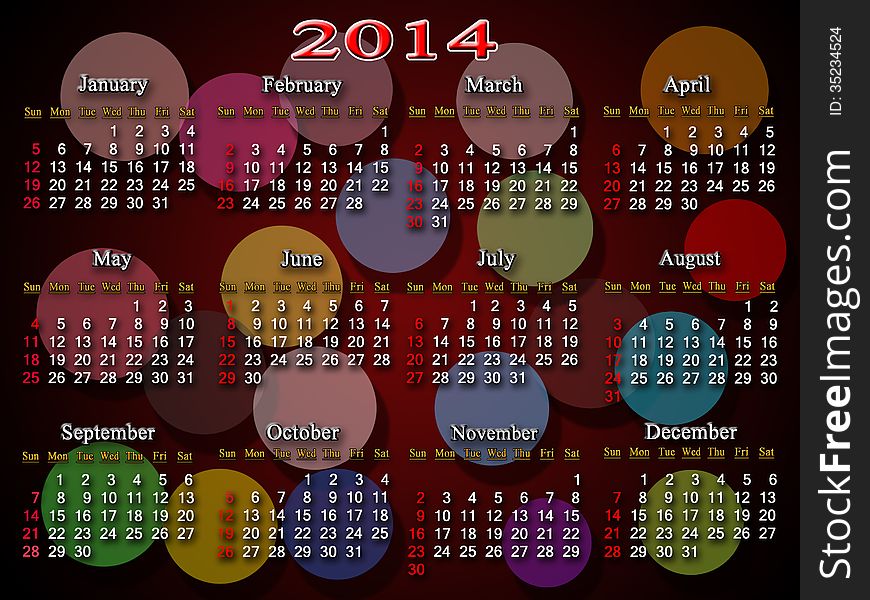 Calendar For 2014 Year With Multicolor Rounds