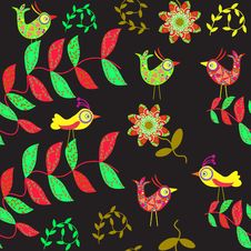 Cute Seamless Pattern With Cartoon Bird And Flower Stock Photos Cute Seamless Pattern With Cartoon Bird And Flower Stock Photos