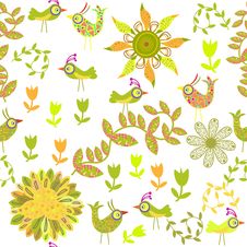 Cute Seamless Pattern With Cartoon Bird And Flower Stock Photo Cute Seamless Pattern With Cartoon Bird And Flower Stock Photo