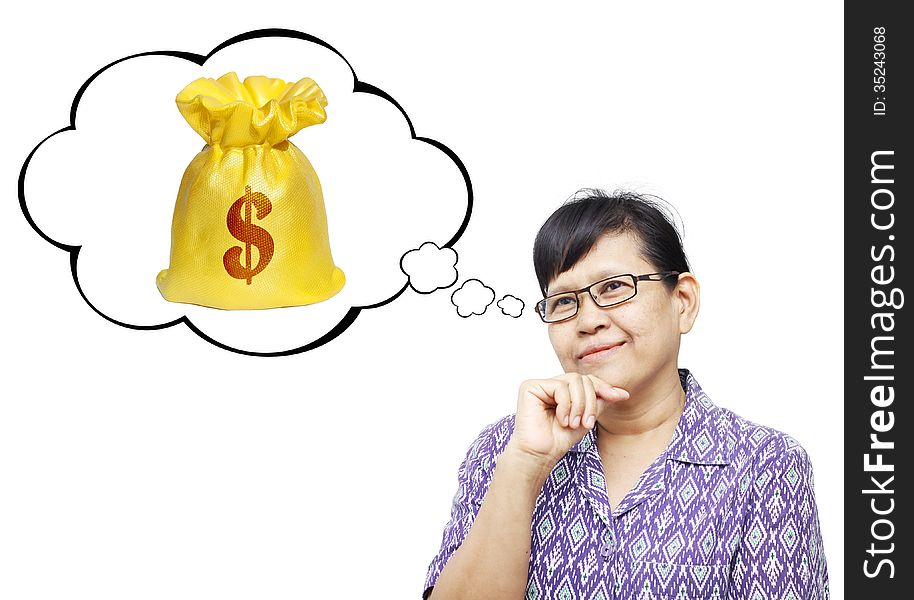 Asian senior woman thinking to money