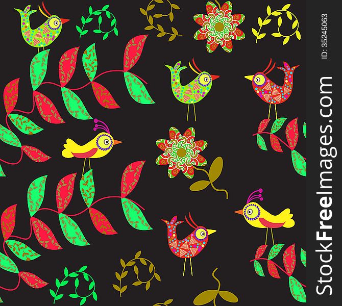 Cute seamless pattern with cartoon bird and flower