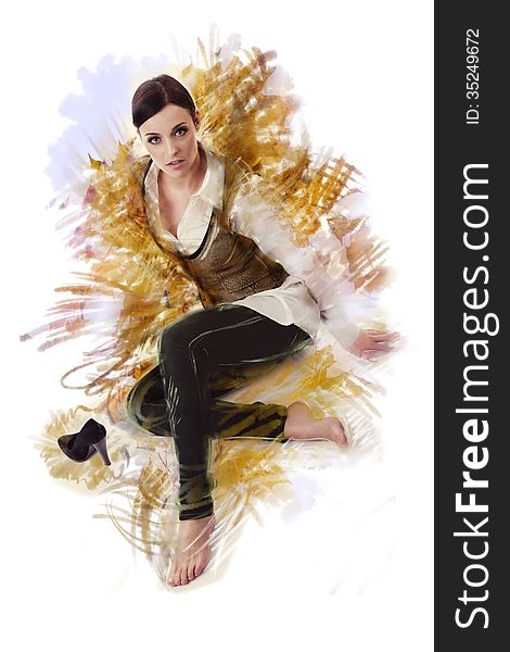 Picture-sketch of young brunette woman sitting in a pose on the ground and looking up straight to the camera, she is barefoot, with one black high-heel shoe beside her. Around this woman are many autumn reminding colorful lines drawn by hand.Isolated over white background. Picture-sketch of young brunette woman sitting in a pose on the ground and looking up straight to the camera, she is barefoot, with one black high-heel shoe beside her. Around this woman are many autumn reminding colorful lines drawn by hand.Isolated over white background.