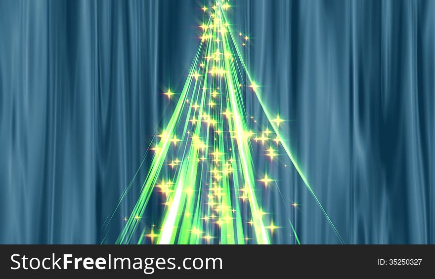 Blue silk background. Luminous stars pouring from the top of the symbolic Christmas tree. Blue silk background. Luminous stars pouring from the top of the symbolic Christmas tree