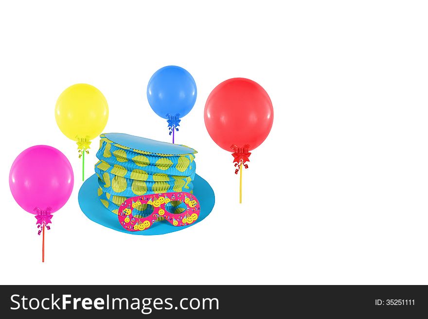 Colorful balloons and hat with mask for party and carnival on white