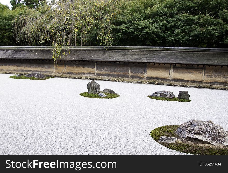Famous zen garden of the Ryoan-ji temple in Kyoto, Japan
