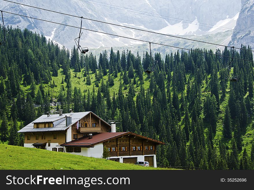 Lonely House in a skiing resort on a the alps