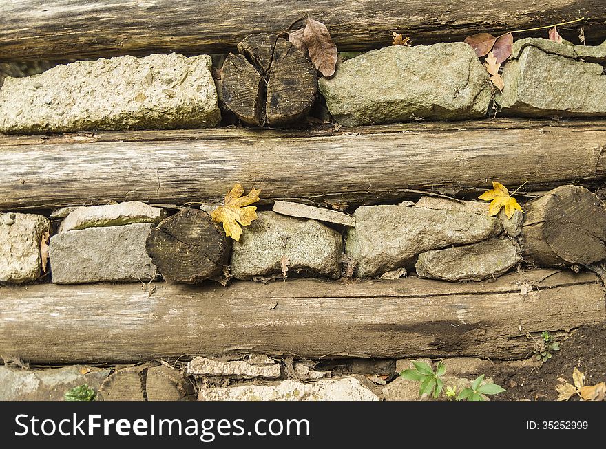 Natural Background, wall of stones and wood