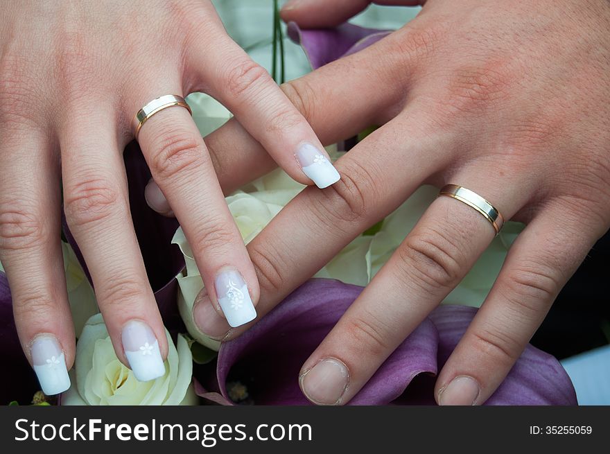 Wedding couple holding their hands with rings. Wedding couple holding their hands with rings.