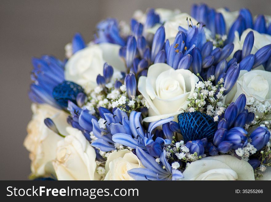 Bunch of white roses and blue flowers. Bunch of white roses and blue flowers.