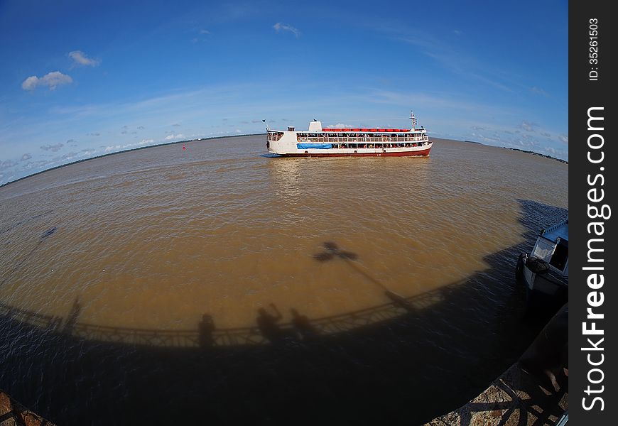 Boat in the Guajara bay, Amazon river delta, in Belem - Amazonian city - Brazil