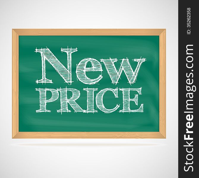 New price - the inscription chalk on the green chalkboard in a wooden frame