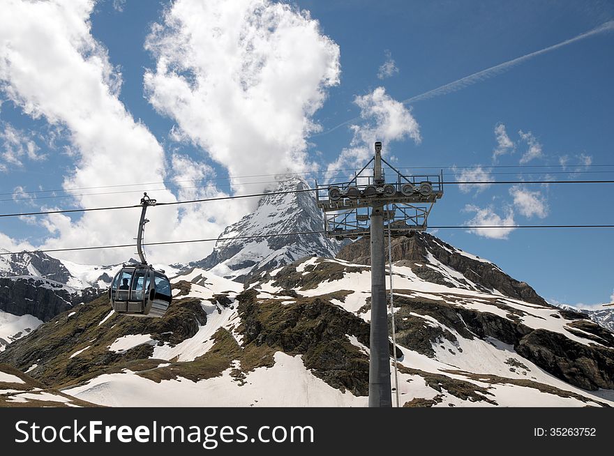 Glacier Paradise cable car passing the Matterhorn at Schwarzsee