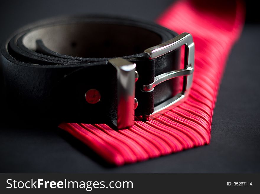 Leather belt and necktie set. Leather belt and necktie set