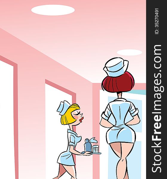 The illustration shows the interior hospital. On the background of the hall of the hospital, two young, beautiful nurses. Illustration done in cartoon style. The illustration shows the interior hospital. On the background of the hall of the hospital, two young, beautiful nurses. Illustration done in cartoon style.
