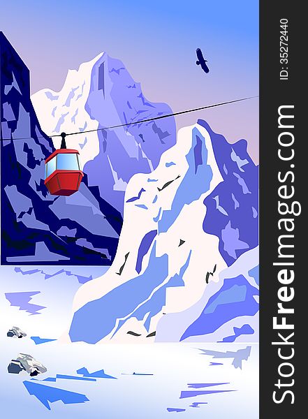 Vector background - Winter Mountains with ropeway.